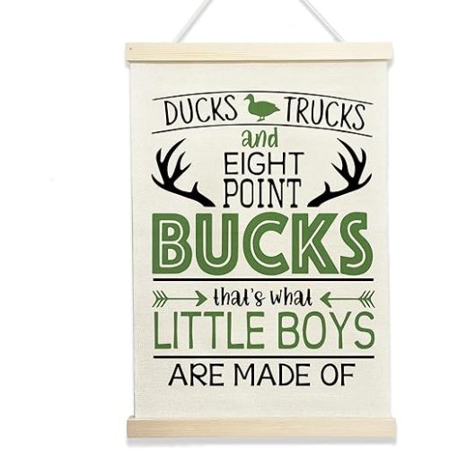 NQDWX Ducks Trucks & 8-Point Bucks Hanging Flag - Little Boys Wall Decor, 12x17 Inch Rustic Nursery Banner, Hunting & Outdoor Theme Kids Room Art, Gift for Adventurous Toddler Boys. (160)