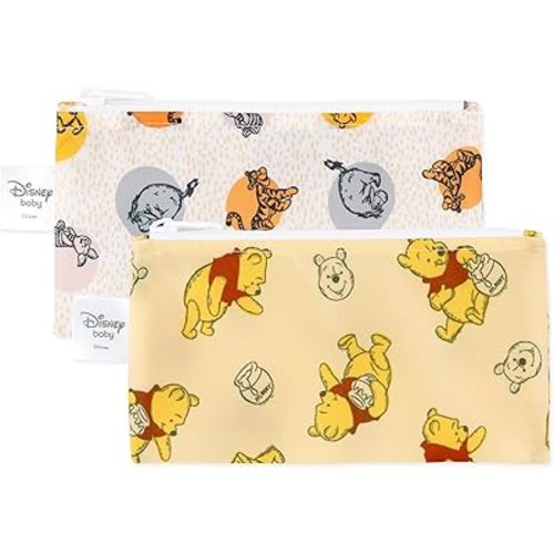 Bumkins Disney Reusable Snack Bags, for Kids School Lunch and for Adults Portion, Washable Fabric, Waterproof Cloth Zip Bag, Supplies Travel Pouch, Food-Safe Storage, 2-pk Winnie the Pooh