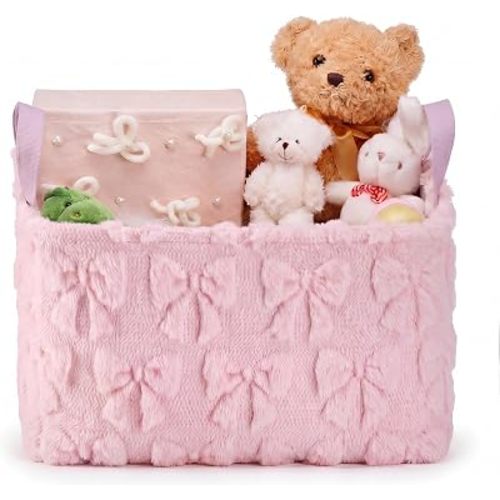 Pink Bow Storage Basket Collapsible Cotton Canvas Organizer, Bow