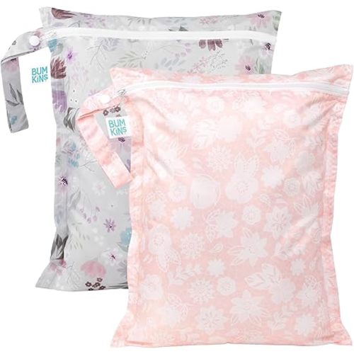 Bumkins - Waterproof Wet Bag - For Baby, Travel, Swim Suit, Cloth Diapers, Pump Parts, Pool, Gym, Toiletry, Strap to Stroller - Reusable & Easy to Clean - 2pk - Floral & Lace