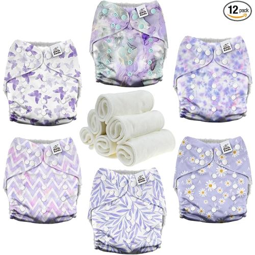 Mama Koala 3.0 Cloth Diapers for Babies with AWJ Lining, 6 Pack with 6 Natural Cloth Diaper Inserts - Reusable and Washable Pocket Diapers (Light Lavender)
