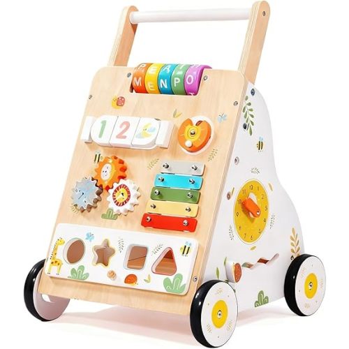 Wooden Baby Walker with Wheels, Baby Push Walker Adjustable Speed for Boys and Girls,Montessori Activity Center Walking Toys for 1 Year Old Learning to Walk,First Birthday Gift