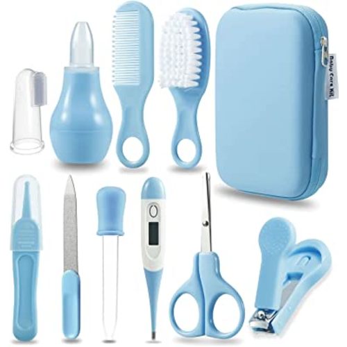 PandaEar Baby Healthcare and Grooming Kit, Baby Safety Set Baby Comb, Brush, Finger Toothbrush, Nail Clippers, Scissors, Nasal Aspirator, Baby Essentials Nursery Care Kit (Blue)