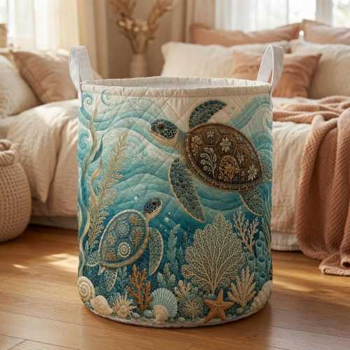 Quilted Sea Turtle Laundry Basket, Ocean Theme Storage Hamper, Coastal Decor Bin