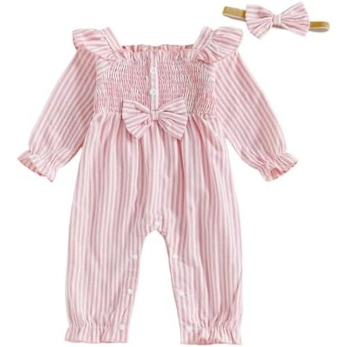 Newborn Baby Girls Plaid/Striped Long Sleeve One Piece Romper Jumpsuit Smocked Bodysuit Playsuit with Headband