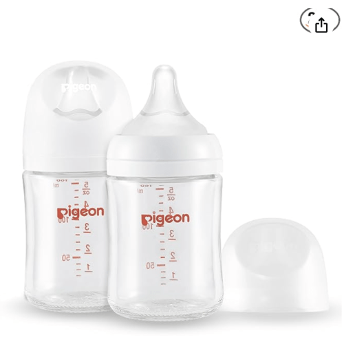 Pigeon Glass Nursing Bottle Wide Neck -  5.4 Oz (Pack of 2), Includes 2pcs SS Nipples (0m+)