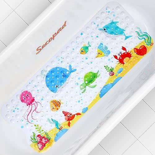 Bath Mat for Tub Non Slip, Machine Washable Anti-Slip Cartoon Baby Bathtub Shower Mat with Drain Holes and Suction Cups for Toddler & Kids, 40 Inch x 16 Inch-Rectangular, Little Whale