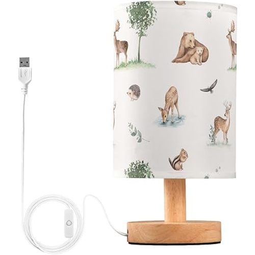 Woodland Forest Animals Tree Bedside Table Lamp Nightstand Lamp with Wood Base Night Light Linen Fabric Shade for Bedroom Living Room Nursery Office Desk