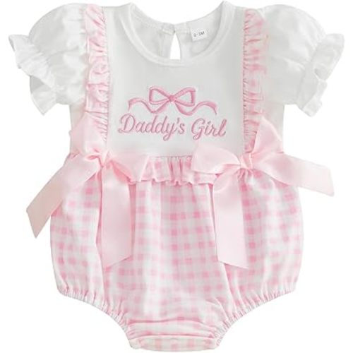Baby Girl Bubble Romper Daddys Girl Onesie Short Sleeve Plaid Jumpsuit Fathers Day Outfit Cute Smocked Clothes
