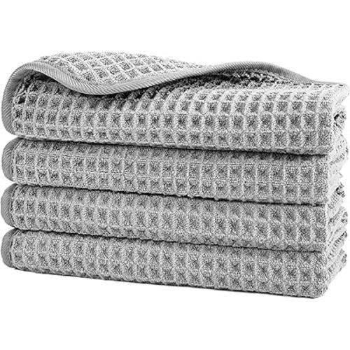 POLYTE 430 GSM Microfiber Lint Free Washcloth Face Towel, 13 x 13 in, 4 Pack (Waffle Weave)