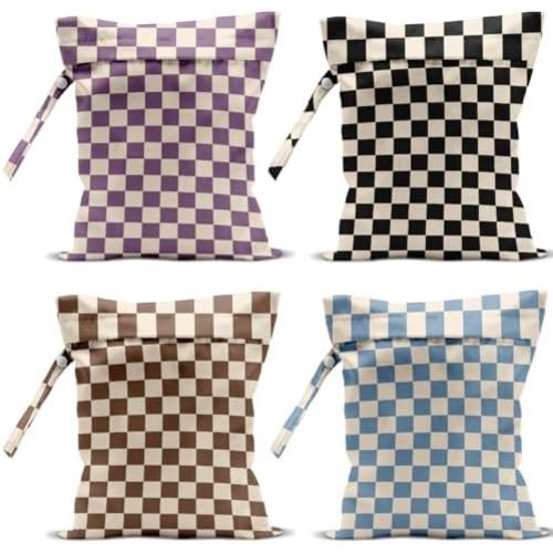 4 Pack Cute Wet Bag Waterproof Washable Reusable Wet Dry Bag for Swimsuit Clothes Cloth Diaper Travel Beach Pool Yoga Gym Party Camping Toiletries Travel Beach Essentials, Colorful Checkered