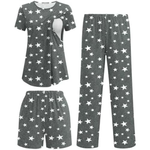Ekouaer 3 Piece Maternity Nursing Pajamas Set Short Sleeve Breastfeeding Pjs