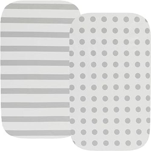 Waterproof Bassinet Sheets, No Need for Bassinet Mattress Pad Cover, 2 Pack Stretch Jersey Knit Super Soft fit for Cradle Oval Rectangle Hourglass Mattress Grey Stripes & Polka Dots