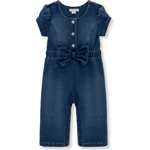 Bow Front Puff Sleeve Cotton Blend Knit Denim Jumpsuit, 18M