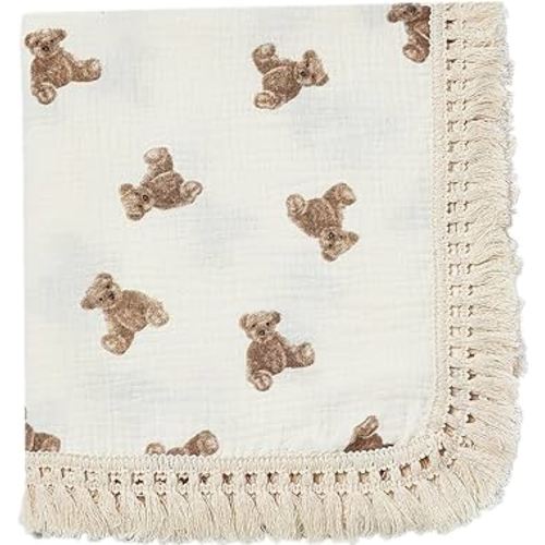insular Cotton Muslin Baby Blanket with Tassel, Boho Bohemian Muslin Swaddle Blanket Baby Receiving Blanket with Fringe, Nursery Decor Throw or Nursing Blankets, 47" x40”, Little Bear