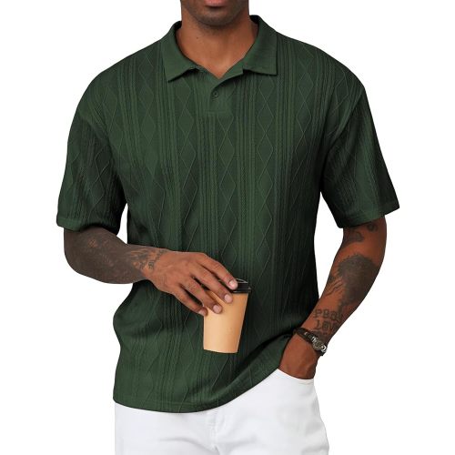 JMIERR Mens Polo Shirt Textured Knit Button Casual Short Sleeve Summer Vacation Beach Stretchy Golf Shirts