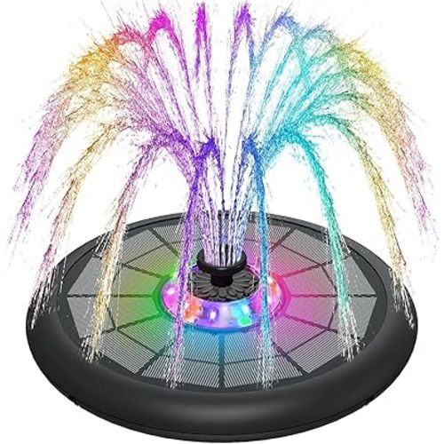 SZMP Powerful 5W Solar Powered Water Fountain for Bird Bath, Upgraded Glass Panel with Colorful Light Show, 7 Nozzles, Anti-Drift Fixer, 2000mAh Battery