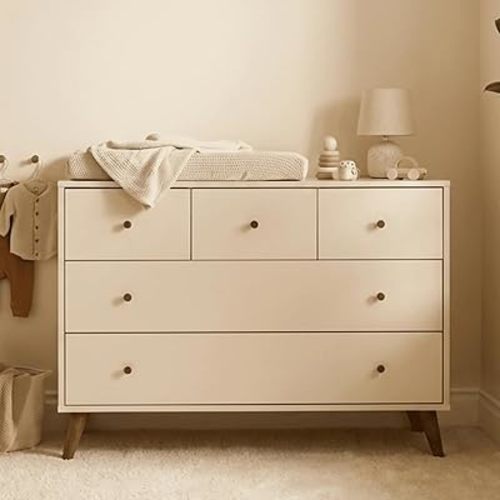 dadada Austin 5-Drawer Dresser for Nursery and Bedroom - Modern Design, Large Storage, Baby-Safe Finish, Soft Close Drawers, Anti-Tip Safety, Solid Wood Feet, Durable Construction (Almond Milk+Walnut)