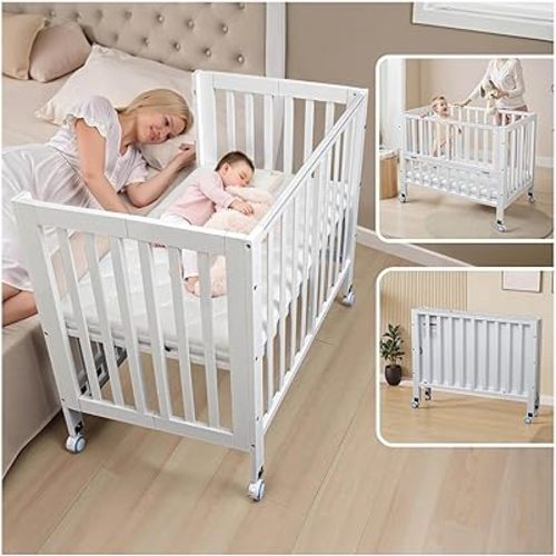 Folding Wood Bedside Bassinet - Portable 4-in-1 Baby Bassinet with Breathable Mattress,3 Heights Baby Crib with Wheels,Mini Crib for Infant Newborn and Small Space,White