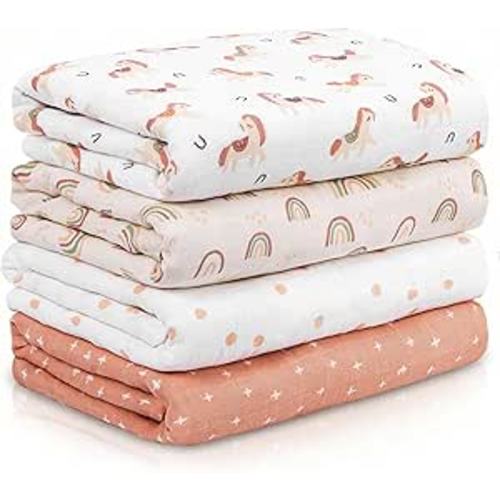 Muslin Swaddle Blankets for Newborn, 4 Pack Cotton Baby Blankets, Large 31.5 x 43.3 inch Breathable Soft Receiving Blanket, Essentials Swaddle Wrap Burping Clothes, Orange Rainbow Horse