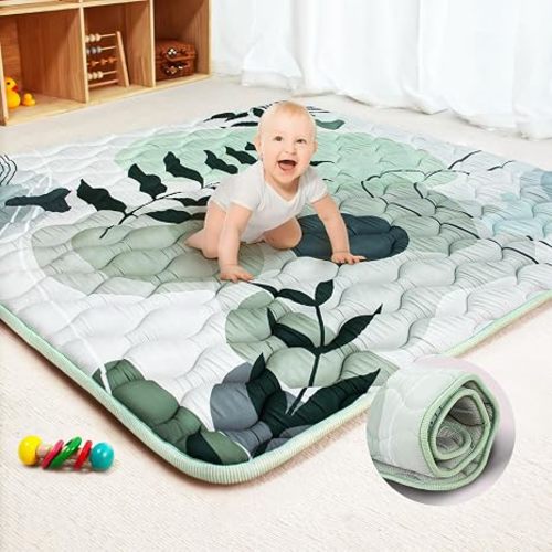 Baby Play Mat, 50x50 Playpen Mat with Thick Soft Foam | Playmats for Baby, Foldable and Washable Crawling Mat for Floor, Green Leaf