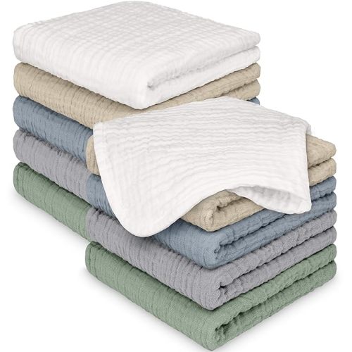 10-Pack Muslin Baby Washcloths for Newborn – 12x12 Soft Absorbent Organic Cotton Muslin Wash Cloths for Babies Girl, Boy, Infant, Toddlers, Kids Face Towel, Bath Essentials, Baby Burp Rags (Slate)