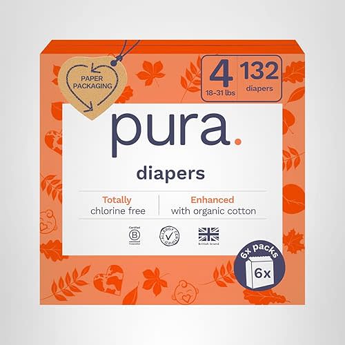 Pura Sensitive Skin Baby Diapers | Size 4 (18-31 lbs) | Hypoallergenic, Totally Chlorine Free, Fragrance Free, Up to 12-Hour Leak Protection | 6 Packs of 22 (132 Diapers)