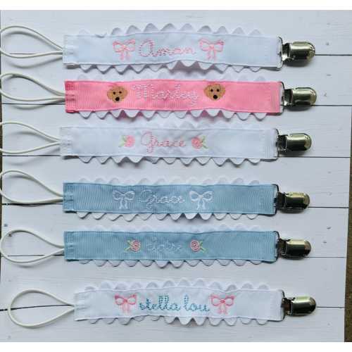 Monogrammed Pacifier Clip | bow Personalized Scallop embroidered paci holder| Baby bib clip with ricrac trim | baby gift personalized