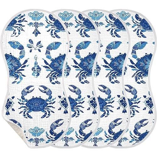Ethnic Blue Crab Floral Burp Cloths Baby Boys Girls Absorbent Soft Cotton Burping Cloths Rags, 4 Pack