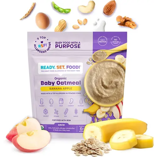 Ready, Set, Food! Organic Baby Oatmeal Cereal | Banana Apple | Organic Baby Food with 9 Top Allergens: Peanut, Egg, Milk, Cashew, Almond, Walnut, Sesame, Soy & Wheat | Unsweetened | Fortified with Iron | 15 Servings