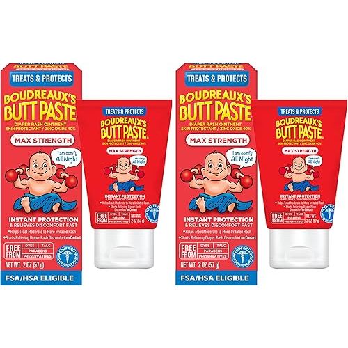 Boudreaux’s Butt Paste Max Strength Diaper Rash Cream for Baby, Ointment With Zinc Oxide, 2 oz Tube (Pack of 2)