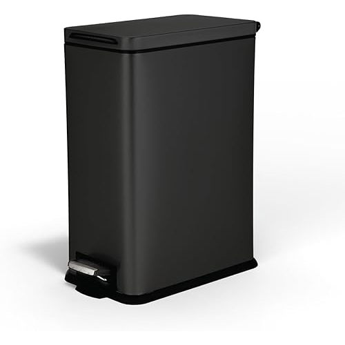 Home Zone Living 8 Gallon Slim Kitchen Trash Can with Soft Close Lid, Step Pedal, Bag Tuck Band, and Removable Liner, Stainless Steel, Matte Black, 30 Liters