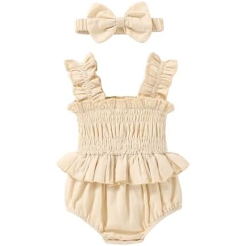 YOUNGER TREE Baby girl Romper Infant Summer Clothes Ruffle Sleeveless One Piece Bodysuit with Bow Headband Newborn Jumpsuit
