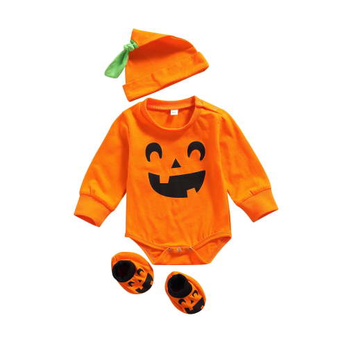 Newborn Baby Boy Girl Halloween Outfits Pumpkin Face Sweartshirt Bubble Romper + Hat+Shoes Infant Fall Clothes