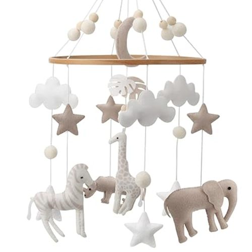 Safari Mobile for Crib - A Neutral Handmade White Jungle Crib Mobile with Safari Animals Clouds and Stars for a Neutral Nursery