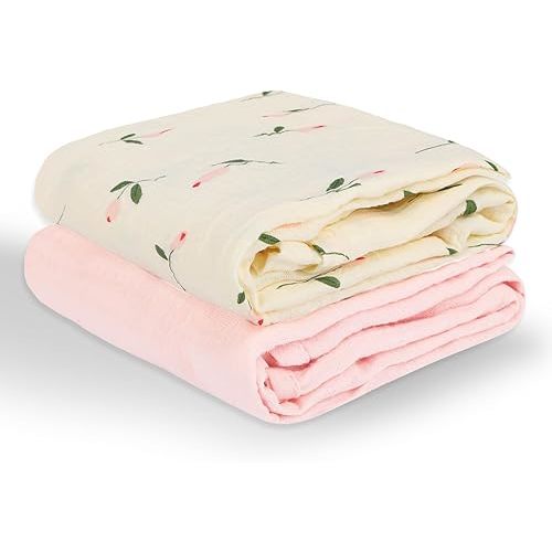 Muslin Swaddle Blankets for Newborns, 2 Pack Large 40 x 40 Inches, 100% Cotton Receiving Blankets, Soft and Breathable Baby Swaddles, Baby Essentials for Girls, Shower Gift, Floral and Pink