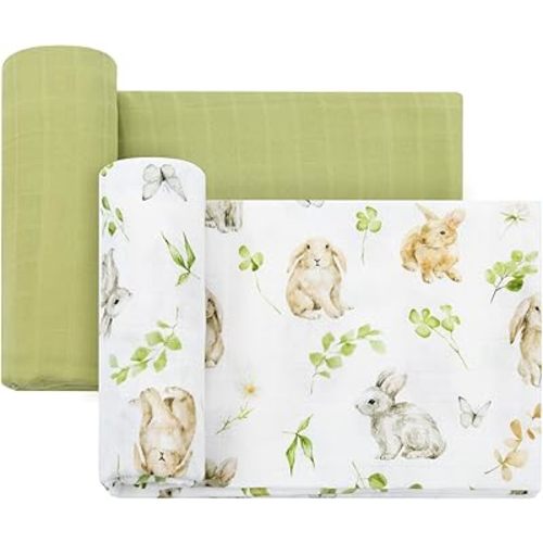 LifeTree Baby Swaddle Blankets, Boys Girls Muslin Swaddling Wrap Receiving Blanket for Newborn, 70% Viscose from Bamboo and 30% Cotton, Large 47" x 47", Rabbit and Grass Green Pattern