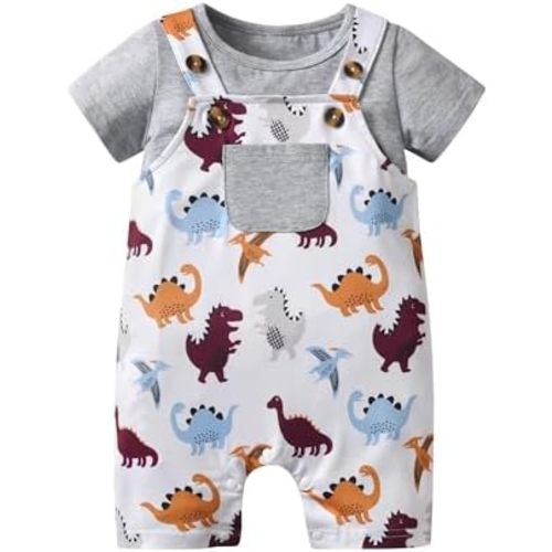 Infant Baby Boy Summer Clothes Short Sleeve Solid Color T-Shirt Cartoon Dinosaur Print Suspender Shorts Outfit Set