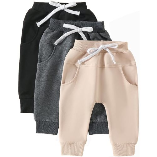 Pivanzore Toddler Baby Boys Girls Sweatpants 3 Pack Solid Color Elastic Waist Bottom Pants Newborn Infant Trousers