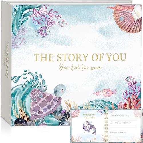 Baby Memory Book with Keepsake Box, Ocean Theme Milestone Journal from Birth to Age 5, Includes 3 Storage Bags for Baby's First Keepsakes and Treasured Memories