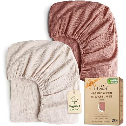 100% Organic Cotton 2 PK Baby Muslin Crib Sheets for Boys 28 x 52 in