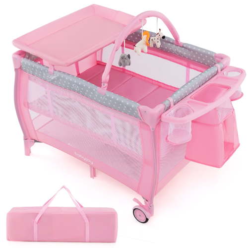 Gymax Portable Foldable Baby Playard Playpen Nursery Center w/ Changing Station Pink