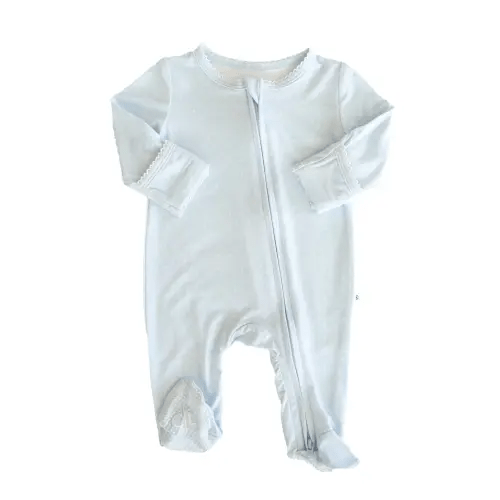Picot Trim Bamboo Zipper Footie | Baby Blue