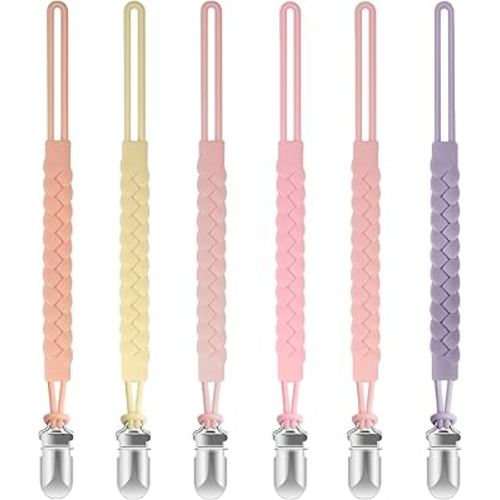 TenderBabe Silicone Pacifier Clip for Baby Girls and Boys, Pack of 6 Soft Flexible Paci Binky Clips with One-Piece Braided-Style Design,BPA-Free Baby Essentials