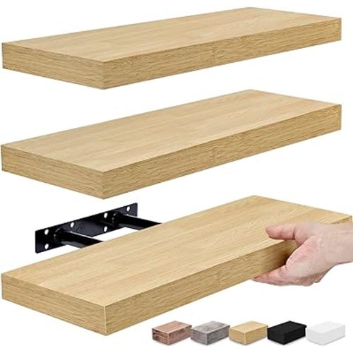 Sorbus Floating Shelves for Wall, Bathroom Shelves Wall Mounted for Kitchen, Bedroom, Bathroom Storage Over Toilet, 3 Hanging Book Shelf for Wall Home Decor Living Room, Farmhouse 16 Inch Maple Wood