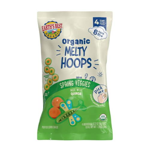 Earth's Best Organic Stage 3 Melty Hoops Bite-Sized Snacks for Babies 8+ Months, Spring Veggies, 0.32 oz Individual Bags (4 Count)