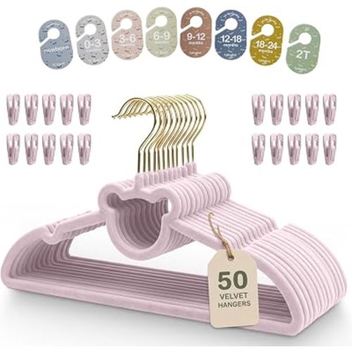 Velvet Baby Hangers with Clips & Size Dividers, 50 Pack