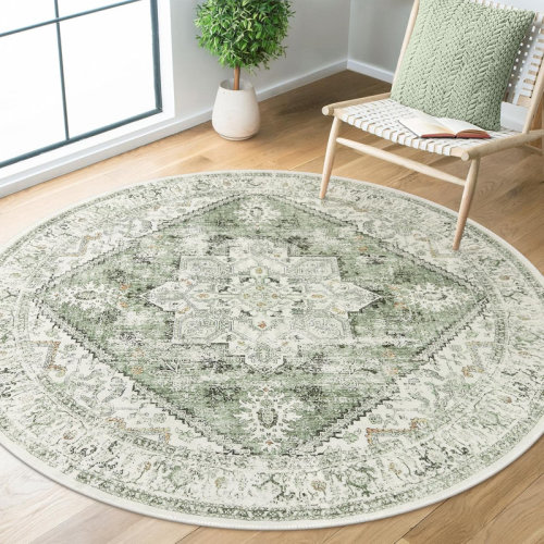 Bungalow Rose Medallion Round Area Rug 5ft, Vintage Washable Sage Green Circle Rug for Bedroom | Wayfair