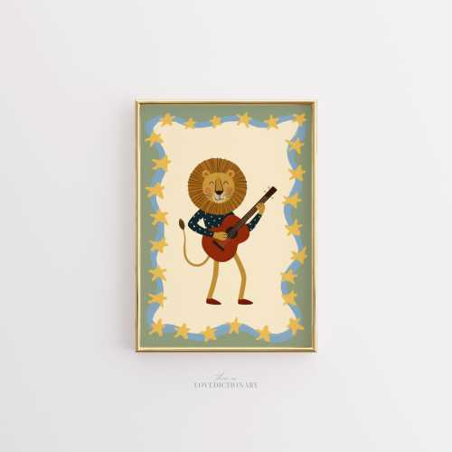 Lion Nursery Wall Art, Cute Animal Print for Kids Room, Musical Safari Decor, Playful Baby Boy Wall Art, Jungle Theme Poster