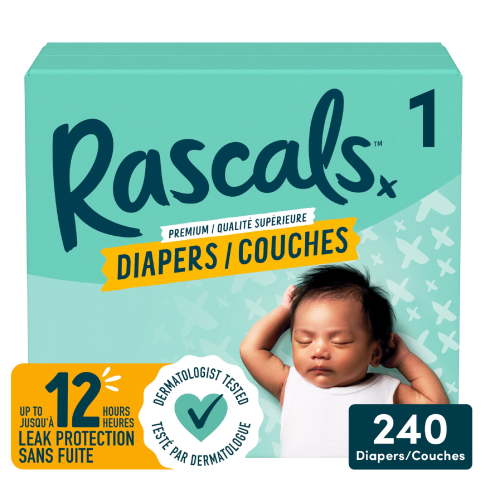 Rascals Premium Absorbent Baby Diapers, Size 1, Carton, 240 Count - Walmart.ca